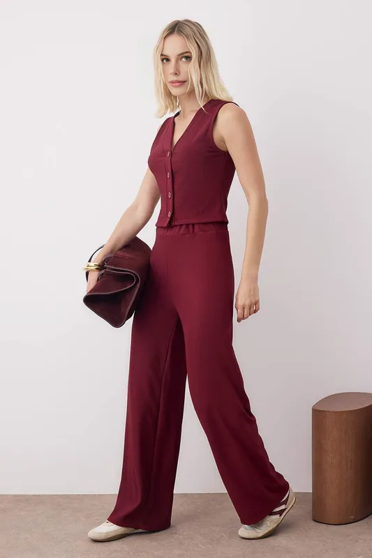 2-Piece Buttoned Knitted Top and Wide Leg Bottom Set