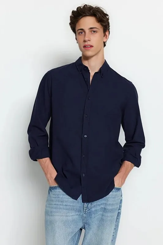 Cotton Linen-Look Long Sleeve Button-Up Shirt
