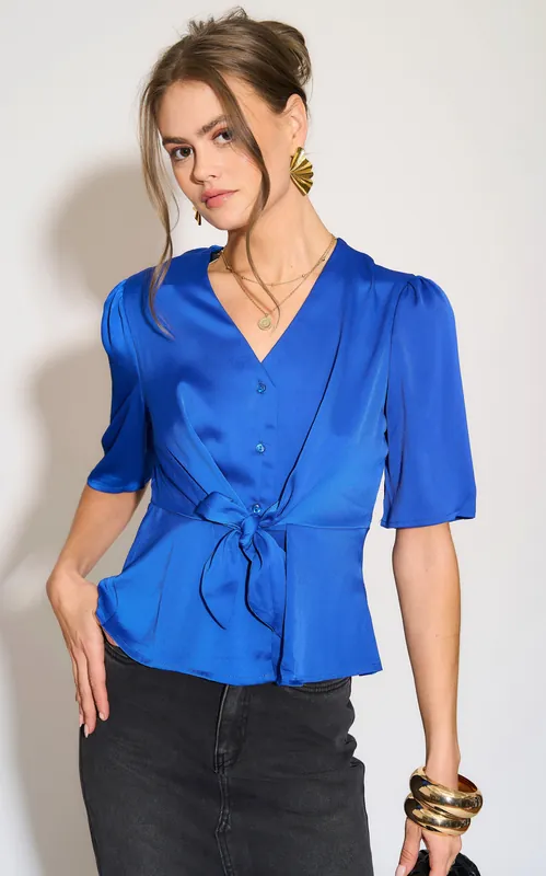 Royal Blue Short Sleeve Knotted Crepe Satin Top - Love Sunshine