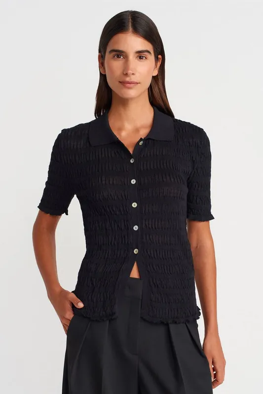 Fitted Ribbed Cotton Blend Short-sleeve Cardigan