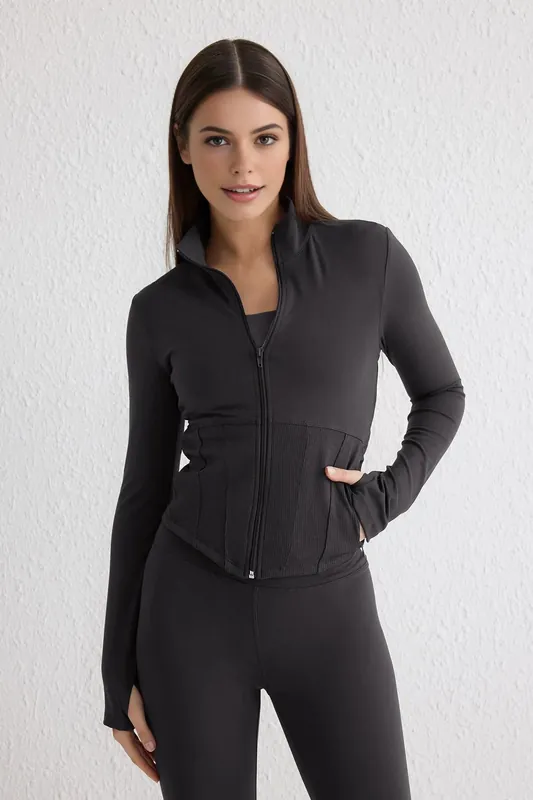 Women's Zip Up Thumbhole Sports Jacket with Ribbed Panel - WOVCOR