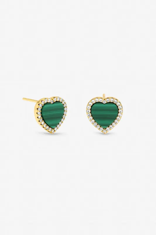 Gold Plated Crystal and Malachite Heart Stud Earrings - Jon Richard