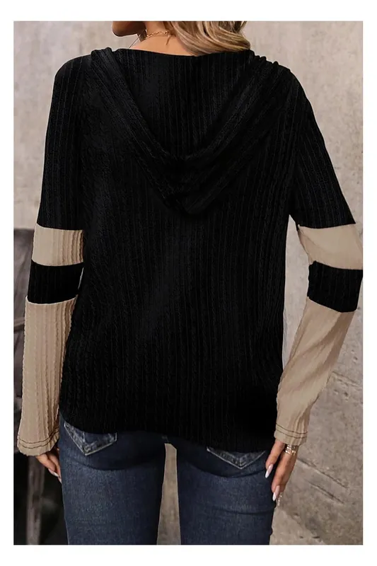 Parchment Textured Colorblock Long Sleeve Quarter Zip Drawstring - Everyday The Label