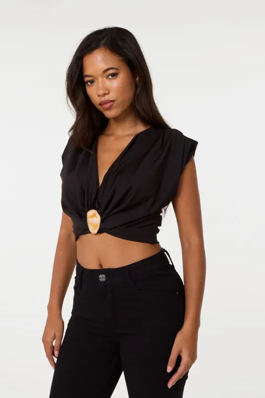 Black Stone Buckle Slinky Crop Top - Pink Vanilla