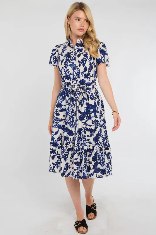 Cobalt Leaf Print Linen-Blend Midi Shirt Dress