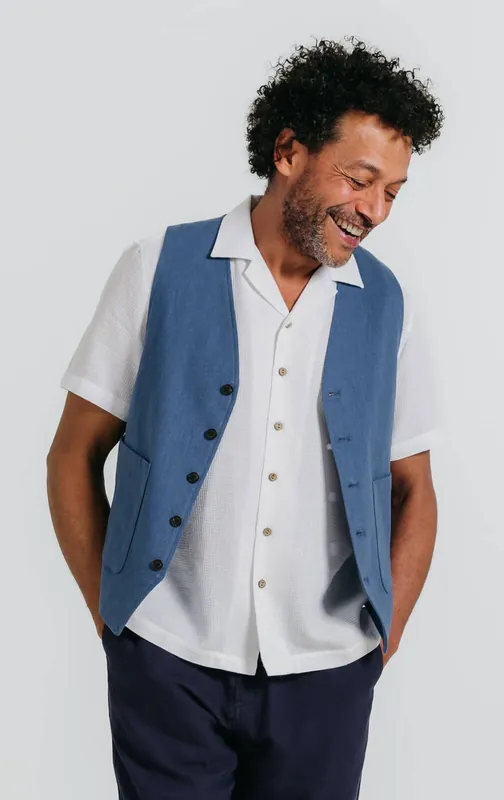 Blue Herringbone Linen Waistcoat - Dobell