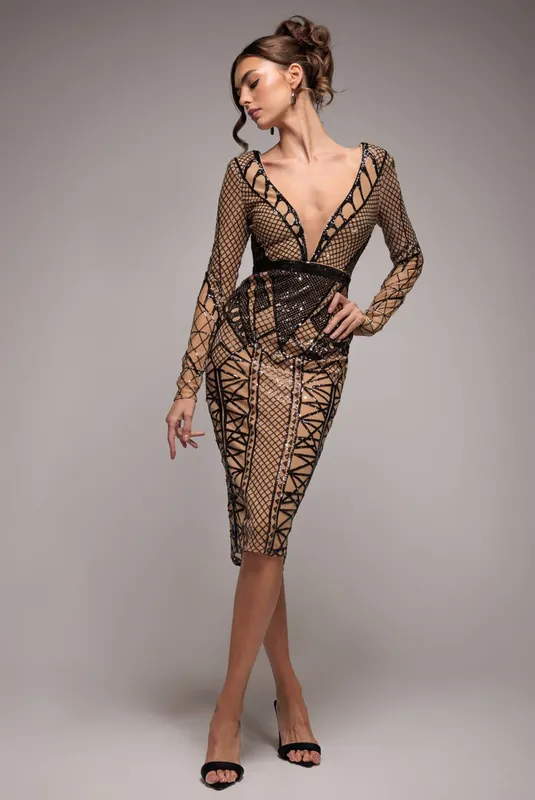 Geometric Sequin Plunge Midi - Goddiva