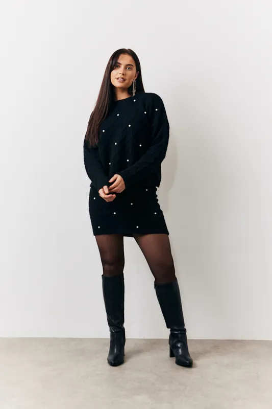 Black Beaded Pearl Knitted Co-Ord Mini Skirt