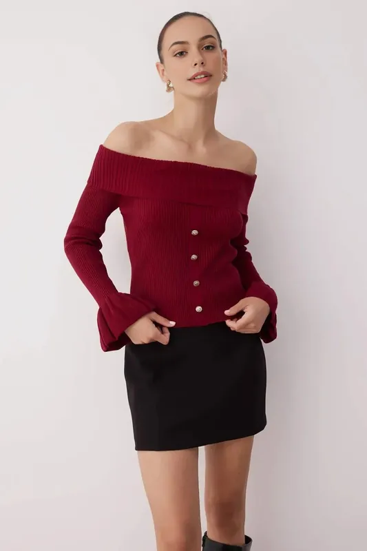Fitted Carmen Collar Ribbed Button Front Knit Sweater - WOVCOR