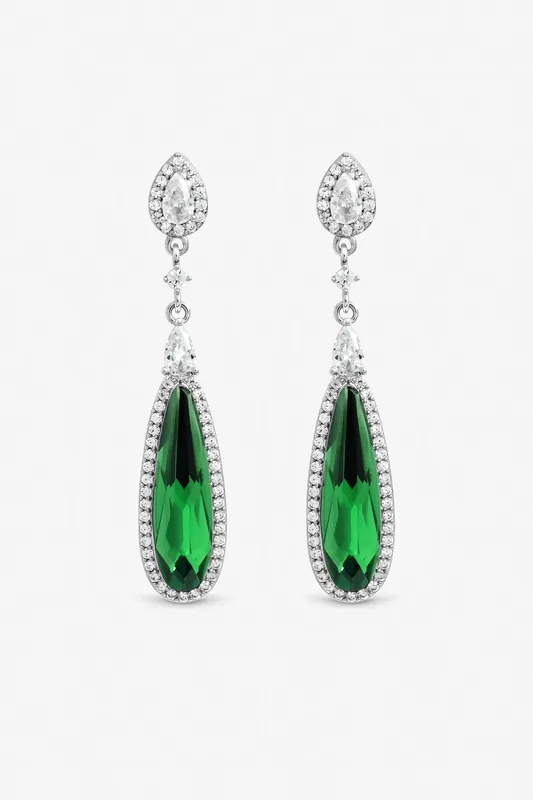 Silver Plated Crystal and Emerald Drop Earrings - Jon Richard