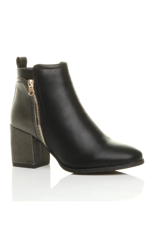 Mid Block Heel Gold Zip Ankle Boots - AJVANI