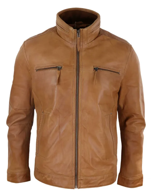Leather High Collar Zipped Biker Jacket - TruClothing