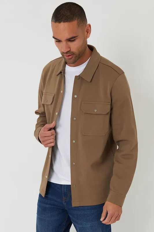 Cotton Blend Popper Fastening Pique Shacket - Threadbare