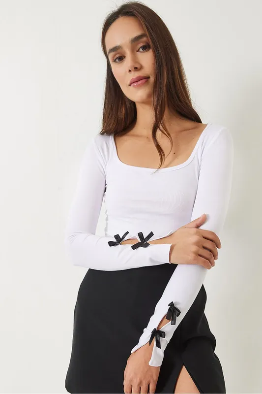 Slim Fit U Collar Blouse with Bow Detail - Bianco Lucci