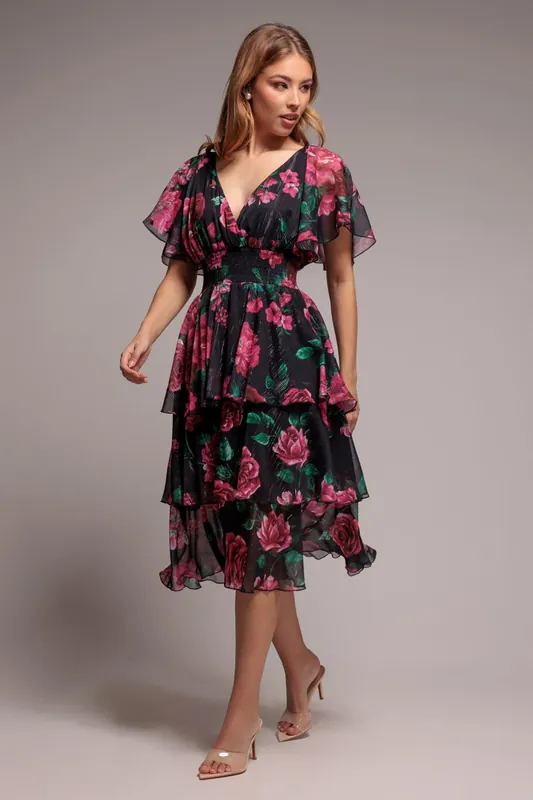 Layered Floral Midi With Flutter Sleeves - Goddiva