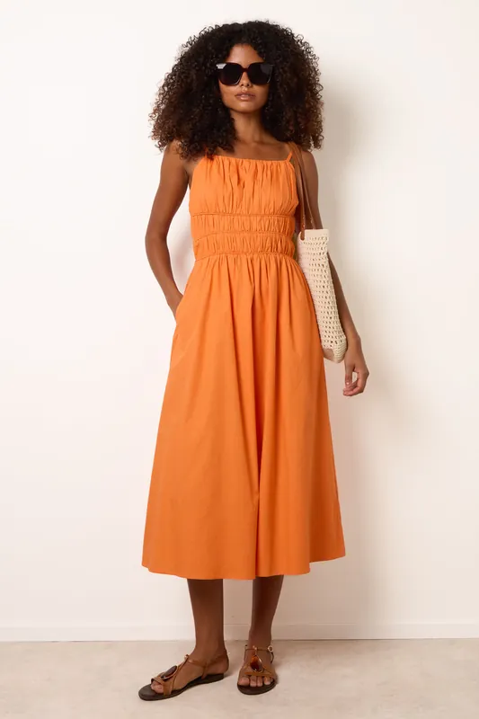 Orange Ruched Binding Strappy Midi Dress - Blue Vanilla