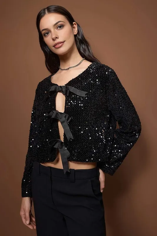 Front Tie Sequin Detail Party Jacket - WOVCOR