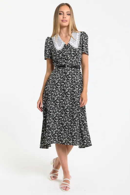 Black Floral Lace Collar Midi Dress - Liquorish
