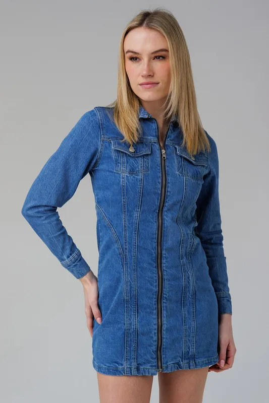 Cotton Long Sleeve Zip Fastening Collared Denim Mini Dress - Influence