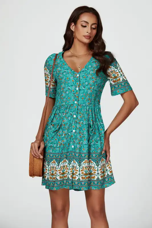Print Boho Mini Dress In Green - FS Collection