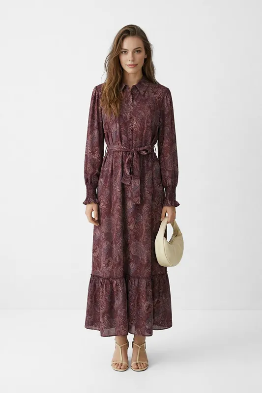 Shawl Pattern Belted Long Sleeve Maxi Shirt Dress with Tiered Hem - WOVCOR