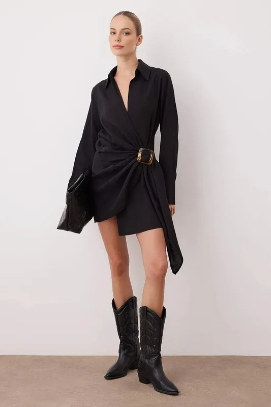Wrap Front Mini Woven Dress with Buckle Detail - WOVCOR