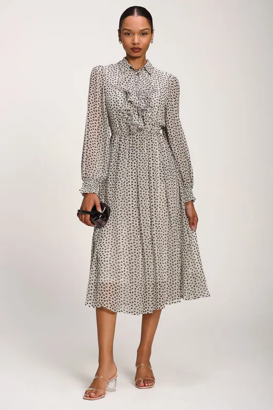 Chiffon Ruffle Long Sleeve Shirt Dress - Jolie Moi