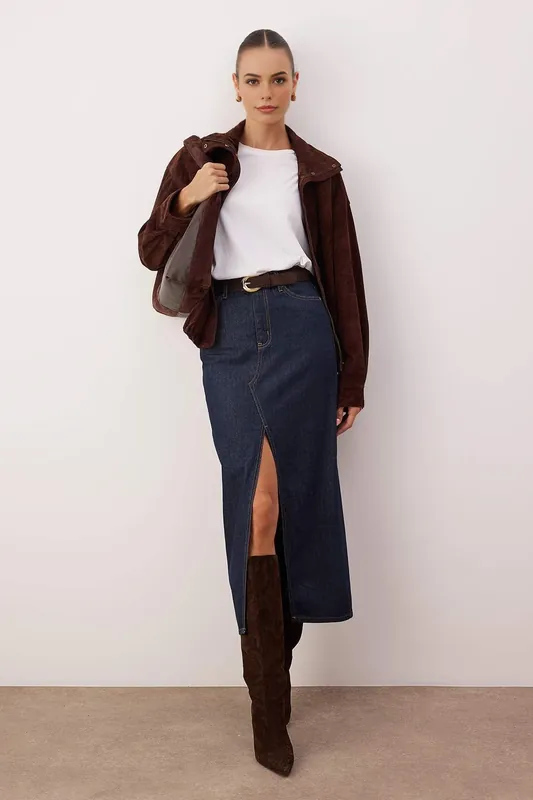 Denim Maxi Skirt with Front Slit - WOVCOR