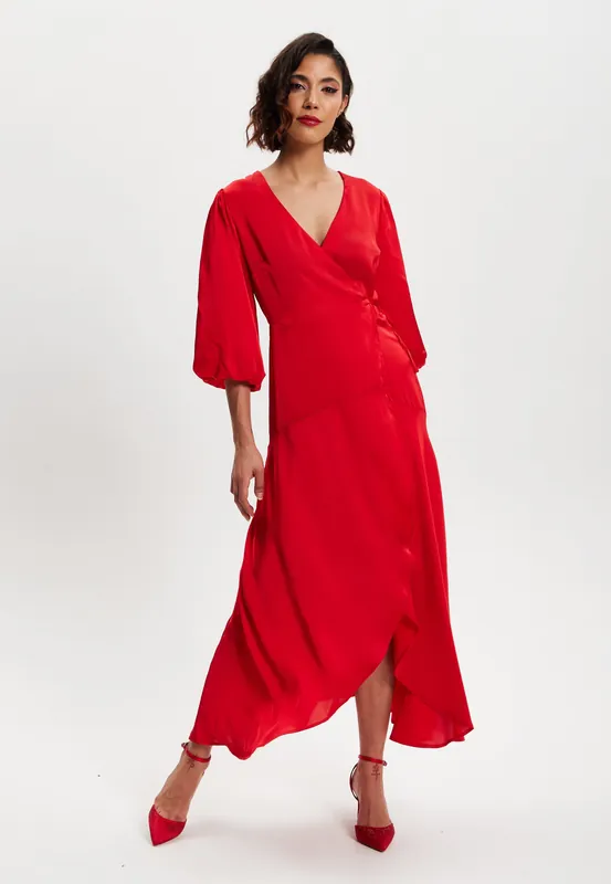 Red Midi Wrap Dress With Short Puff Sleeves - Liquorish