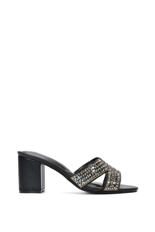 Julian' Sparkly Diamante Strappy Mid Block Heeled Sandal Mules - XY London