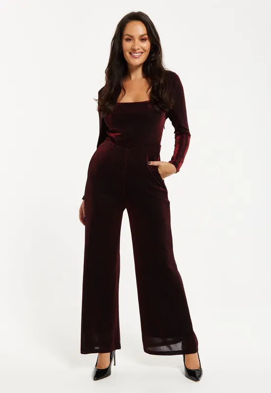 Burgundy Cowl Neck Jumpsuit in Red - Liquorish