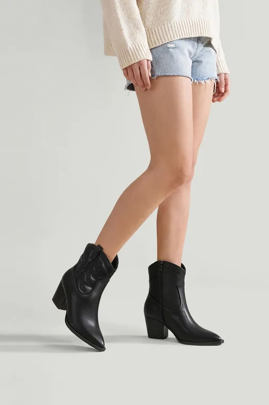 Embroidered Pointed Toe Cowboy Ankle Boots with Block Heel - MODISHION
