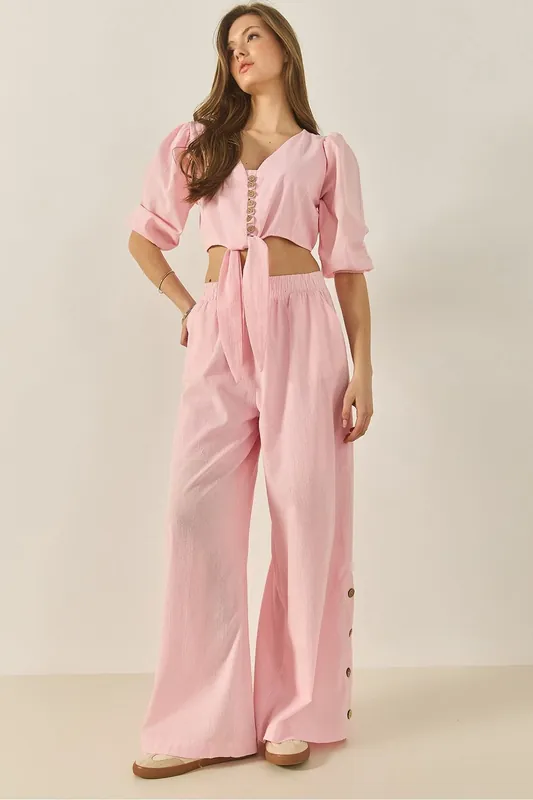 Textured V-Neck Long Sleeve Two-Piece Coord Set