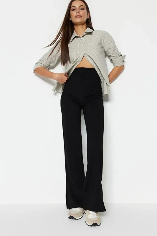 High Waist Split Hem Flared Knit Trousers - WOVCOR