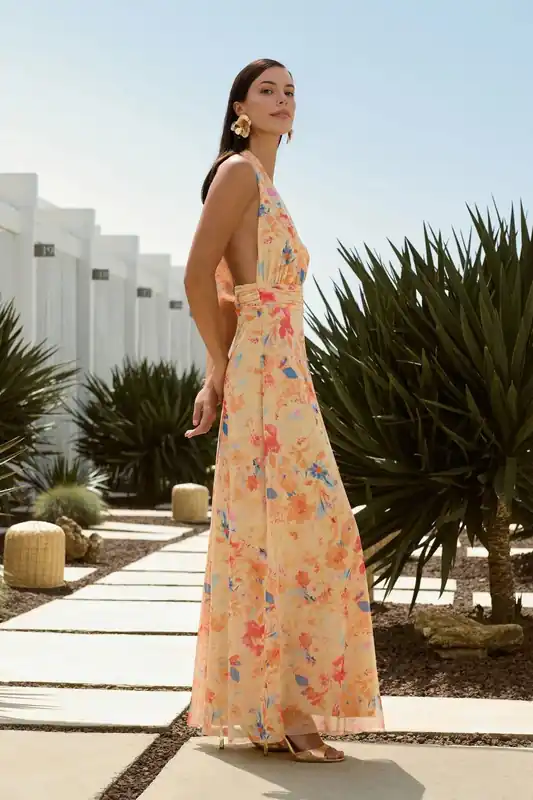 Floral Halterneck Maxi Dress with Gathered Waist Detail - WOVCOR