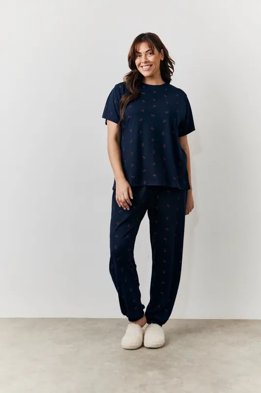 Navy Cherry Print T Shirt and Cuff Jogger Pj Set - In The Style