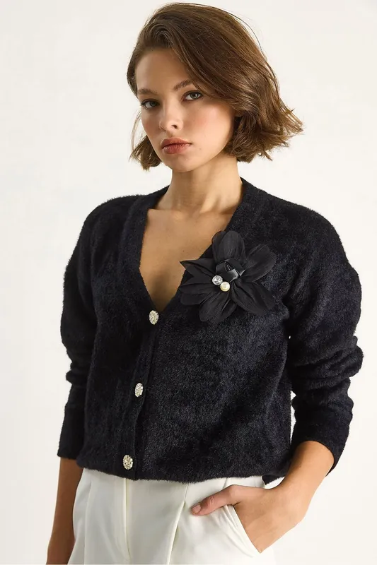 Embroidered V-Neck Button-Up Cardigan