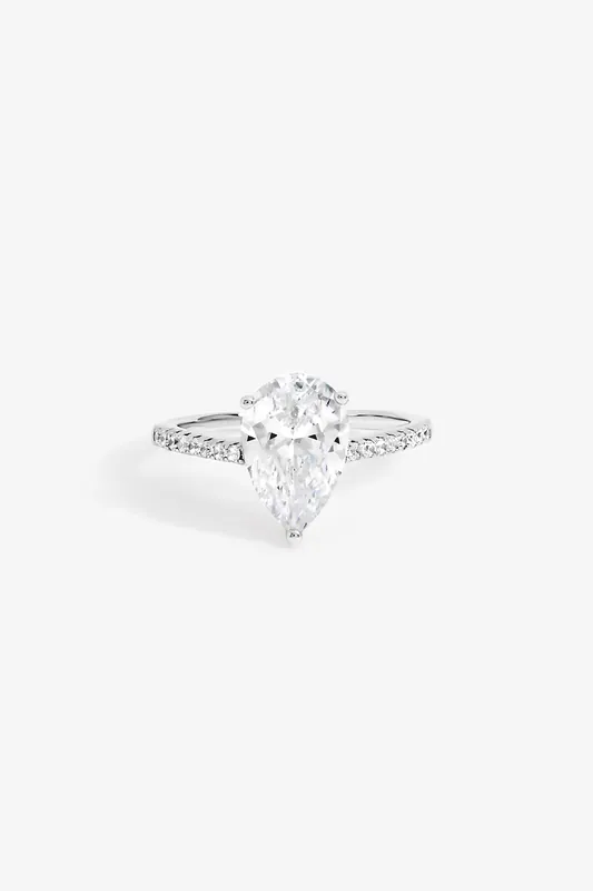 Rhodium Plated Cubic Zirconia Pear Ring - Jon Richard