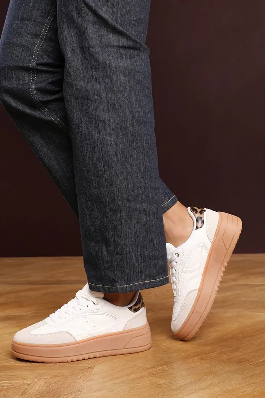 Yulia' Low Wedge Lace up trainer with leopard print heel detail - Where's That From
