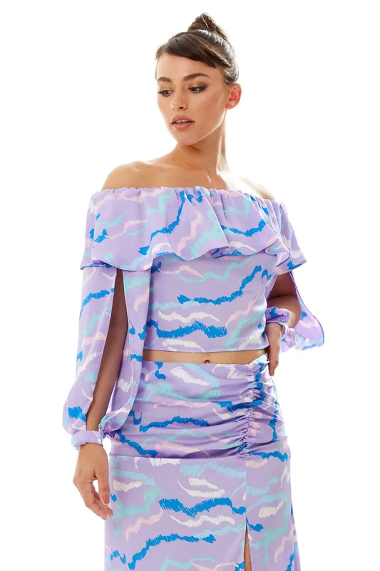 Ruffle Long Sleeve Off The Shoulder Top With Sleeve Slits in Lilac - Liquorish