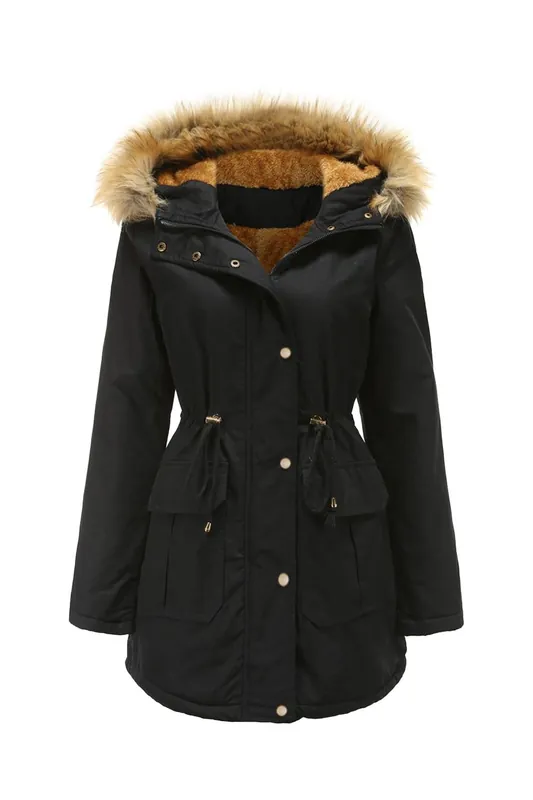 Thicken Hooded Parka Jacket with Fur Collar and Pockets - MODISHION