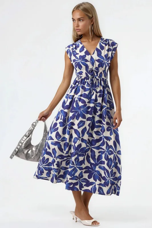 Floral V-neck Midi Dress with Tie Detail