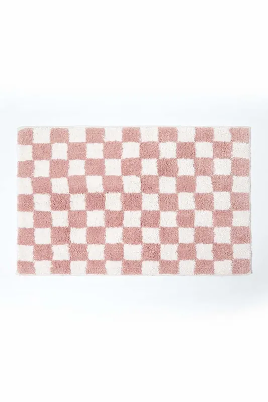 Check 100% Cotton Non Slip Bath Mat - Homescapes