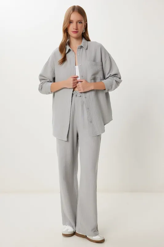 High Waist Wide Leg Two-Piece Co-ord Set with Shirt Collar