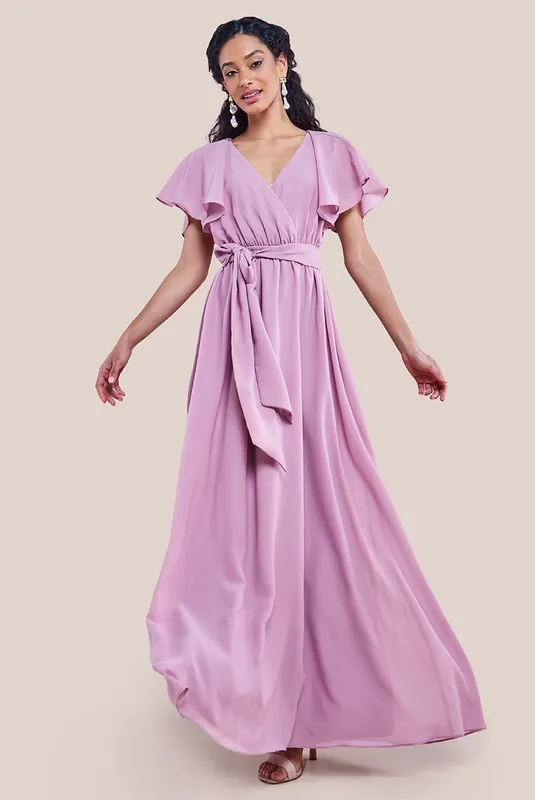 Chiffon Flutter Sleeve Wrap Maxi Dress - Goddiva
