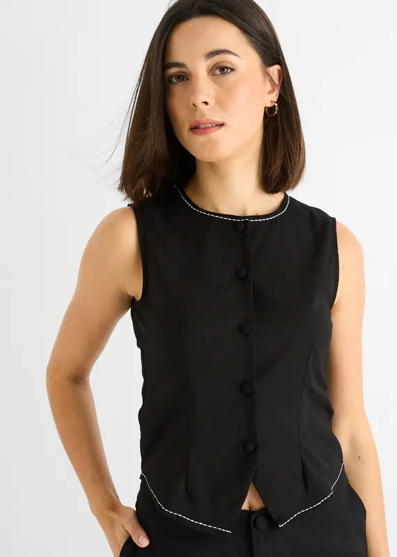 Black Cotton Contrast Stitch Detail Waist Coat - Gini London