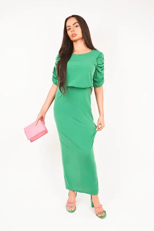Elvira Ruched Short Sleeve Maxi Dress With Draped Bodice - IKRUSH