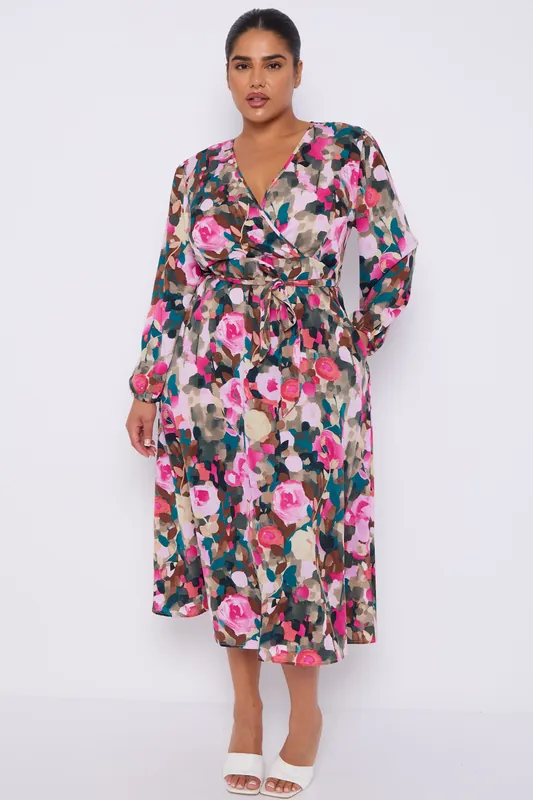 Roses Print Teal Crossover Midi Dress - Love Sunshine