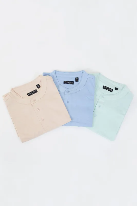 3 Pack Cotton Grandad Collar Polo Shirts - Brave Soul