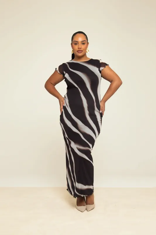 Curve Capped Sleeve Zebra Monochrome Print Mesh Midaxi Dress - FASHION-SZN